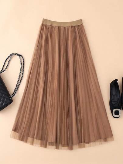 LuminousWealth Women's Elegant Pleated Mesh A-Line Skirt, Suitable For Casual Or Office Wear, Minimalist & Graceful | Polyester Mesh Skirt, Suitable For All Seasons, Great For Christmas & New Year