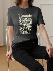 女士新款夏季字母与骷髅印花圆领宽松休闲百搭 T 恤 - 深灰 - 查看 2