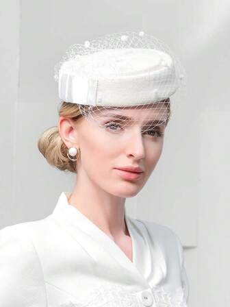 1pc Women's Beret Hat, New Wool Beret Hat French Retro Mesh Bow Stewardess Cap, Wholesale Front Desk Performance Hat, Autumn/Winter