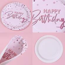 10/20/40/50 piezas, Platos de fiesta de cumpleaños en color oro rosa - Vajilla elegante en oro rosa con letras de "Feliz Cumpleaños", platos de postre y cena con estampado de puntos en oro rosa y diseños de cumpleaños para celebraciones de cumpleaños de familias de niños y niñas, para fiestas de princesas, despedidas de soltera y decoraciones de fiesta de cumpleaños en fines de semana y días festivos - Oro rosa - Ver 6