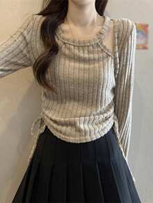 Autumn Korean Style Cinched Waist Fitted Knit Sweater Top - Khaki - View 3