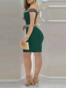 优雅女士修身连衣裙 - 无袖露背吊带亮片缎带设计，完美勾勒背部曲线，适合春夏活动，可机洗涤纶混纺面料，修身剪裁。派对 - 墨綠色 - 查看 2