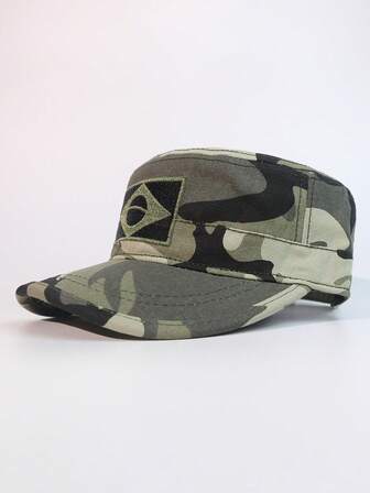 Gorra plana con bordado de letra y bandera para hombres, gorra militar de camuflaje, sombrero versátil de moda para hombres con diseño ajustable para uso casual, diario, deportes al aire libre en todas las estaciones
