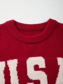 ANDREILEE 男女通用休闲圆领长袖美国国旗针织套头毛衣，冬季百搭 - 紅色 - 查看 3