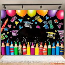 2D Flat BannerBright Crayons And Balloons As The Graduation Background. Durable Vinyl Photography Background, Highly Suitable For Celebration Events. Multi-Functional Cake Table Banner And Party Decorations - 1 - View 2