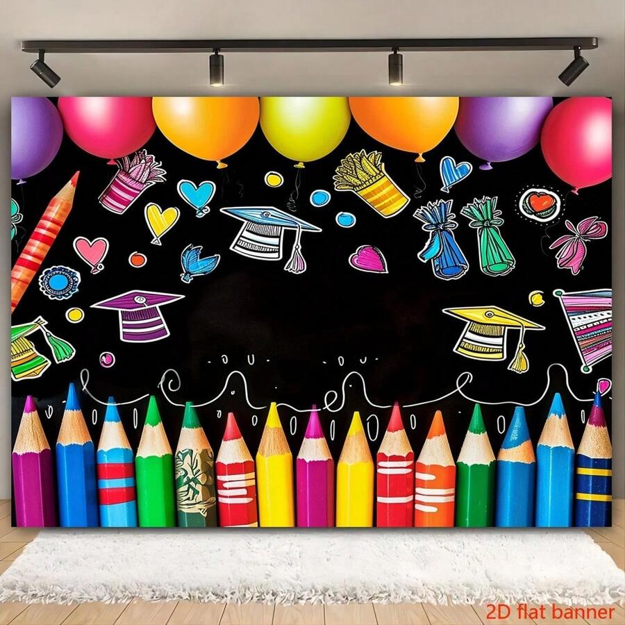 2D Flat BannerBright Crayons And Balloons As The Graduation Background. Durable Vinyl Photography Background, Highly Suitable For Celebration Events. Multi-Functional Cake Table Banner And Party Decorations