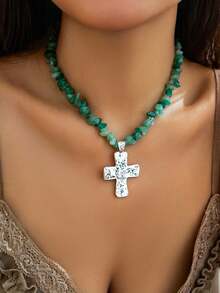 1 chiếc vòng cổ hạt Bohemian thiết kế độc đáo với mặt dây chuyền thánh giá cổ điển, đa năng cho mọi dịp, lựa chọn quà tặng tuyệt vời - Bạc - Xem 4