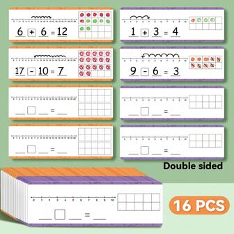 16 Peças Cartões Relâmpago de Linha Numérica Apagável de Dois Lados para Crianças, Ferramenta de Aprendizagem Envolvente de Adição e Subtração com Recursos Visuais, Cartões Educacionais Reutilizáveis para Prática de Matemática Elementar