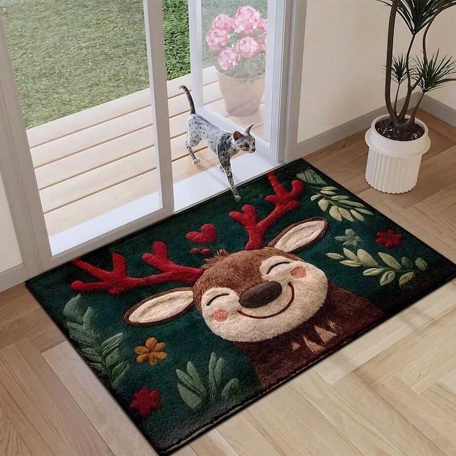1 pieza Felpudo con estampado de ciervo, decoración navideña, se puede usar como regalo de Navidad, material similar a la felpa, muy absorbente y fácil de limpiar, adecuado para decoración del hogar, estilo rústico, entrada, interior, habitación, cocina, comedor, pequeña oficina/oficina en casa, fregadero, lavandería, felpudo, alfombra de cocina, alfombra antideslizante