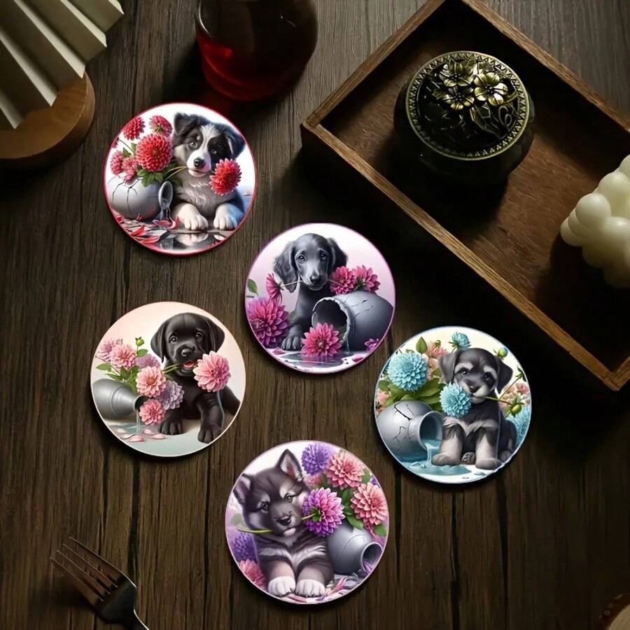 1 Set Of 8-Piece Adorable Dog And Floral Patterned Coasters - Wooden Drink Coasters, Perfect Home Decor Gift, Animal Theme, Kitchen Accessories, Valentine's Day Gift, Available As 1 Set, 2 Sets Or 23 Sets