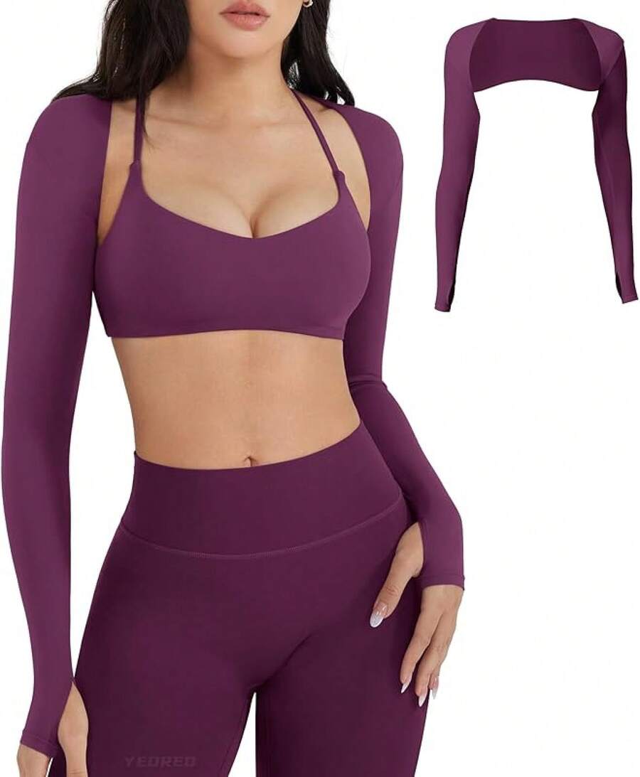 Women Crop Top Long Sleeve Bolero Open Front Workout Cropped Shirts Sports Shrug - Purple - View 1