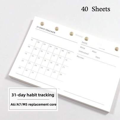 1pc A6 A7 M5 31-Day Habit Tracking Loose-Leaf Replacement Inner Pages, Undate, For Self Discipline Goal Tracker & Habit Development, Daily Check In, Review, Summarize