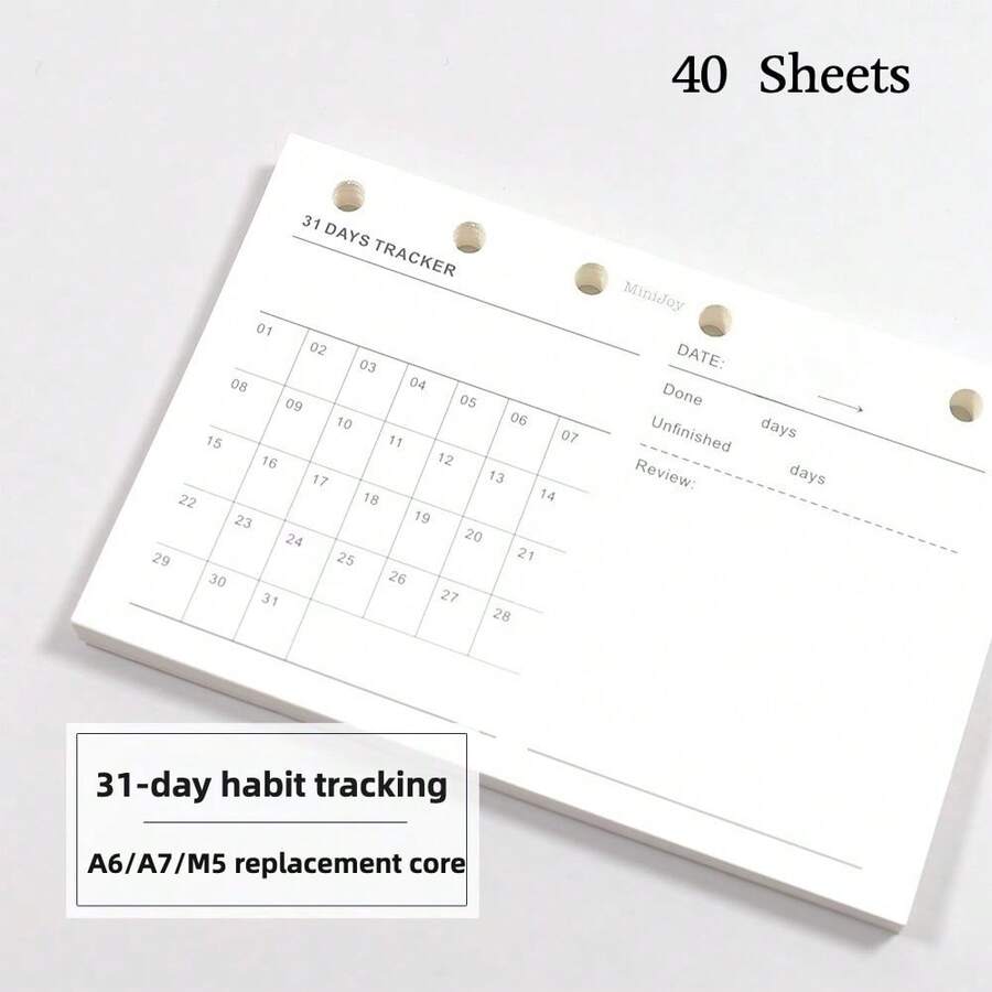 1pc A6 A7 M5 31-Day Habit Tracking Loose-Leaf Replacement Inner Pages, Undate, For Self Discipline Goal Tracker & Habit Development, Daily Check In, Review, Summarize - 31-day Check-in - View 1