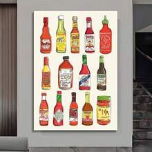1pc Vibrant Hot Sauce Bottle Collection Canvas Wall Art For Kitchen & Dining Room Decor - Retro Illustrated Condiments Print, Perfect Gift For Foodies & Spice Lovers - Multicolor - View 1