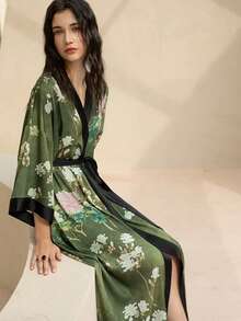 Vintage Bohemian Loose Mid-Length Fashionable Elegant Niche Design Kimono Cover Up, Casual Tie-Up Robe, Loungewear, Summer Beach Swimsuit Cover-Up, Lightweight Shawl Vacation Spring - 綠色 - 查看 6