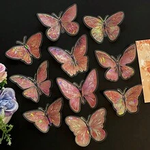 10pcs Laser Hot Stamping Butterfly Wall Stickers, Three-Dimensional Exquisite PET Retro Decoration, Handmade Tent DIY Stickers, Bedroom Creative Decoration - 天藍色 - 查看 10