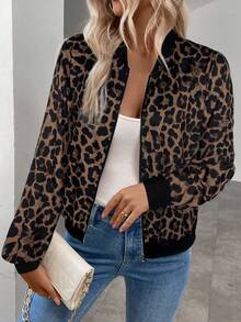 Keke Bloomly Latest Leopard Print Bomber Jacket For Women, Metal Zipper, Baseball Collar, Long Sleeve, Regular Fit, Lightweight, Fashion Casual Commute Vacation Versatile Jacket