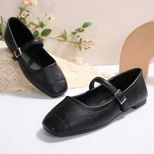 Damen Mary Jane Schuhe, Flache Schuhe mit niedrigem Schaft und Schnalle, neue koreanische Version für Frühling/Sommer mit quadratischer Zehenform, weicher Sohle und bequemen Loafers - Schwarz - Übersicht 5