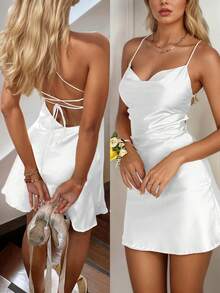 Elegant Satin Spaghetti Strap Mini Dress,Sexy Back-Tie Design & A-Line Party Dress, Y2k Spring Break Summer Outfits,Suitable For Cocktail, Bar, Evening Events,Wedding Guest - White - View 2