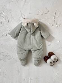 Newborn Baby Boy Thick Fleece Animal Ear Hooded Zipper Front Footed Jumpsuit, Warm For Winter - رمادي - مشاهدة 4