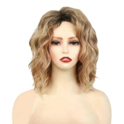 12英寸金色渐变女士短款波浪假发，无刘海，侧分缝，带短卷合成发片，适合日常和派对佩戴