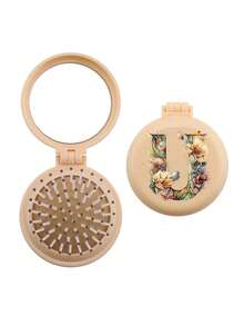 Brodark 1个象牙色和米色花卉图案26字母迷你镜梳，小巧便携，女士必备气垫梳，可折叠气垫按摩梳，镜子和梳子一体设计，旅行和露营配件，返校必备 - 黃色 - 查看 27