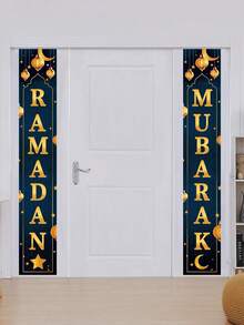 2 pièces/set Rideau de porte Eid Mubarak bleu et or, bannière de Ramadan pour Eid Al Fitr, drapeau suspendu avec design de lanterne de lune, décoration de chambre Eid, décorations murales Eid Mubarak Ramadan, décorations de porte Eid, décorations Ramadan Eid Mubarak, drapeau Ramadan Kareem, Ramadan Eid, fournitures de fête Eid Mubarak Ramadan, décorations Ramadan pour la maison, cadeaux EID, bannière Eid Mubarak - Or bleu Ramadan - Voir 4