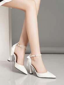 Nya vårmode med rosett och svarta och vinröda högklackade pumps med spetsiga tå, franska mångsidiga fest- och bröllopsskor för kvinnor - Vitt - Visa 3