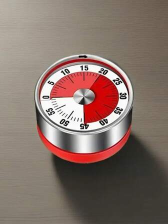 1个不锈钢磁性底座计时器 - 机械倒计时钟，无需电池，响亮闹铃，红/黑表盘，适用于烹饪、烘焙、厨房、健身房、学生、精准计时、厨房配件、家庭厨师必备