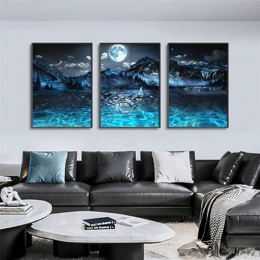 3幅无框帆布海报，现代艺术，山水湖泊风景装饰画，适用于卧室、客厅、走廊，墙面艺术，墙面装饰，房间装饰，无框 - 彩色 - 查看 1