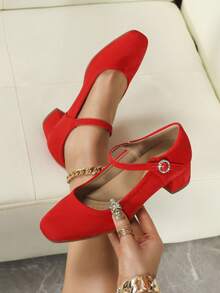 Square Toe Comfortable Chunky Heel Soft Bottom Work Shoes - Red - View 1