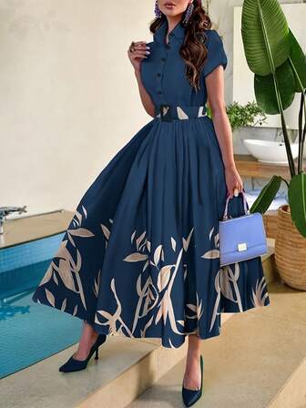 KeKe Bloomly Christmas Elegant Women'S Floral Print A-Line Dress With Short Sleeves, Lapel Collar & Belt - Navy Blue Summer Dress For Casual Or Commuting Wear, Summer Dress | Aline Silhouette | Woven Dress