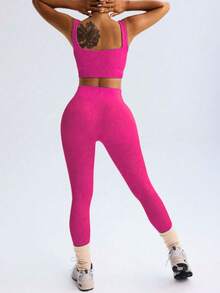 Fitness Set In Ribbed, Thick Polyamide - Top And Leggings - High Compression - Rosa Fucsia - Ver 4