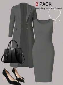 Bộ đồ 2 mảnh thanh lịch dành cho nữ, áo khoác cardigan dài tay màu trơn + váy midi không tay, thích hợp cho mùa Thu/Đông/Xuân. - Xám 9+73 - Xem 2