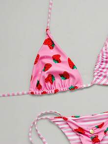 Bộ bikini dây mảnh xếp ly thắt nơ dành cho nữ, thiết kế hở lưng in họa tiết sọc trái cây hai mặt, phong cách tối giản thanh lịch, thích hợp cho Giáng sinh, tiệc bãi biển, kỳ nghỉ hè 2026, bộ bikini màu hồng cho kỳ nghỉ - Hồng - Xem 7