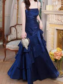 女士优雅别致蓝色舞会礼服，复古派对晚宴正式礼服，吊带修身显瘦设计，适合生日、婚礼、宾客、舞会、海滩度假等场合。 - 藏蓝色 - 查看 7