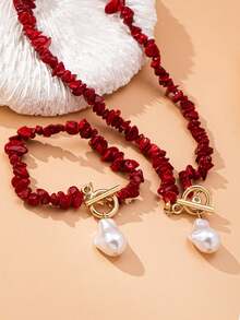 Women's Jewelry Set With Turquoise Fragments And Imitation Baroque Pearls, Includes 2pcs Simple Alloy Fashion Accessories, Necklace And Bracelet Set, Suitable For Everyday Wear - Red and White - View 6