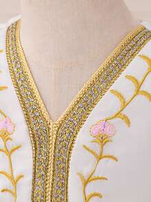 女婴长袖金属丝带刺绣雪纺派对连衣裙，适合节日庆典和家庭聚会，不含头饰 - 白色 - 查看 7