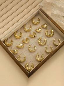 9pcs Fashionable Minimalist Geometric Asymmetrical Personalized Earring Set - Twisted, Teardrop, C-Shape Design Earrings, Suitable For Casual, Date Or Party Wear, Women Jewelry Set - Gold - View 5