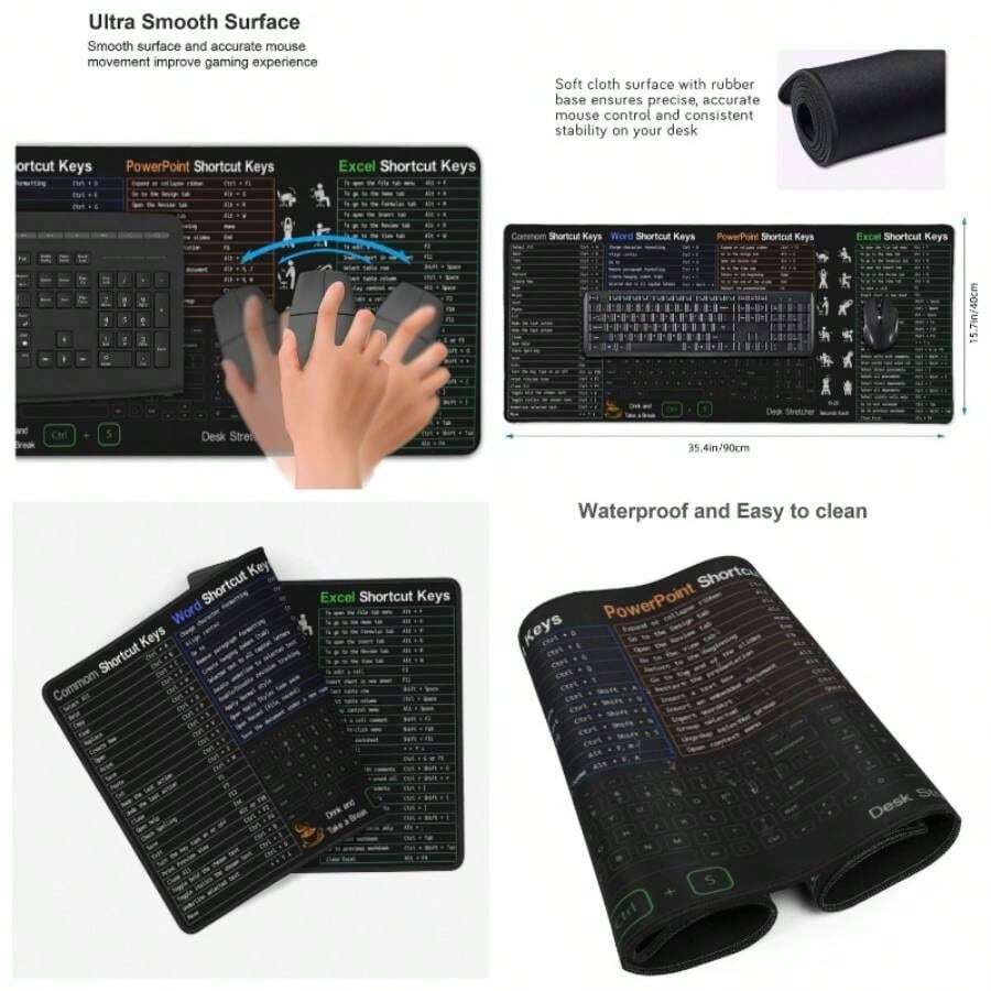 Excel Shortcuts Keys Mouse Pad 31.5 X 11.8 Inch XL Non Slip Stitched Edges Rubber Mousepad - 35.5" X 16" + Black - View 1