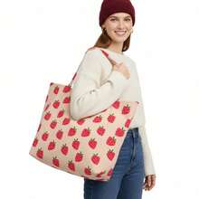 Corduroy Tote Bag, Women's Tote Bag, Shoulder Bag With Inner Pocket For Work Beach Travel And Shopping Grocery, Travel Gym Bag For Women Work Lunch Beach Grocery Shopping Shopper Handbags, Suitable For Work, School, College Student, Books, Shopping, Back To School, Best Friend Gifts, Birthday/Valentine's Day Decor Gifts, Auspicious New Year Gifts - 草莓 - 查看 3