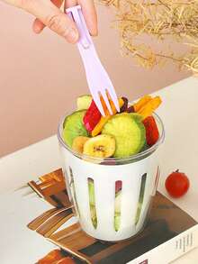 Multi-Purpose Fruit Salad Cup, Double-Layer Draining Cup, Takeout Picnic Salad Cup With Fork - Multicolor - View 3
