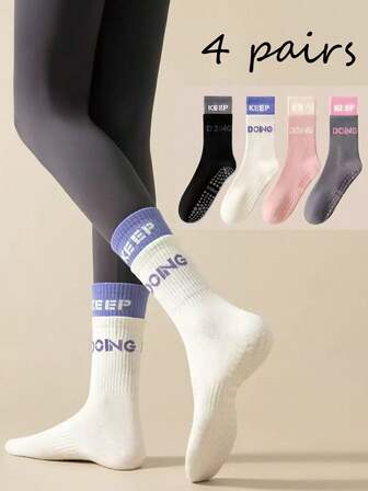 4 Pairs Women's Non-Slip Sports Socks, Multifunction Crew Socks For Running, Fitness, Patchwork Floor Socks, Fashion Yoga Sports Socks, Double Spiral Seam To Prevent Slipping, Letter Print Crew Socks