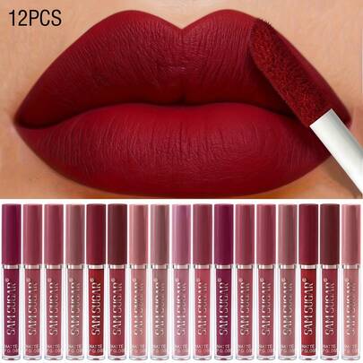 Set de 12 brillos de labios mate - No se pega, de larga duración, resistente al sudor, a prueba de manchas, maquillaje de labios adecuado para todos los tipos de piel