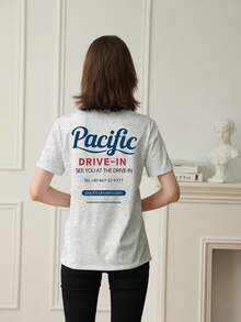 女式浅灰色字母印花短袖 T 恤，夏季