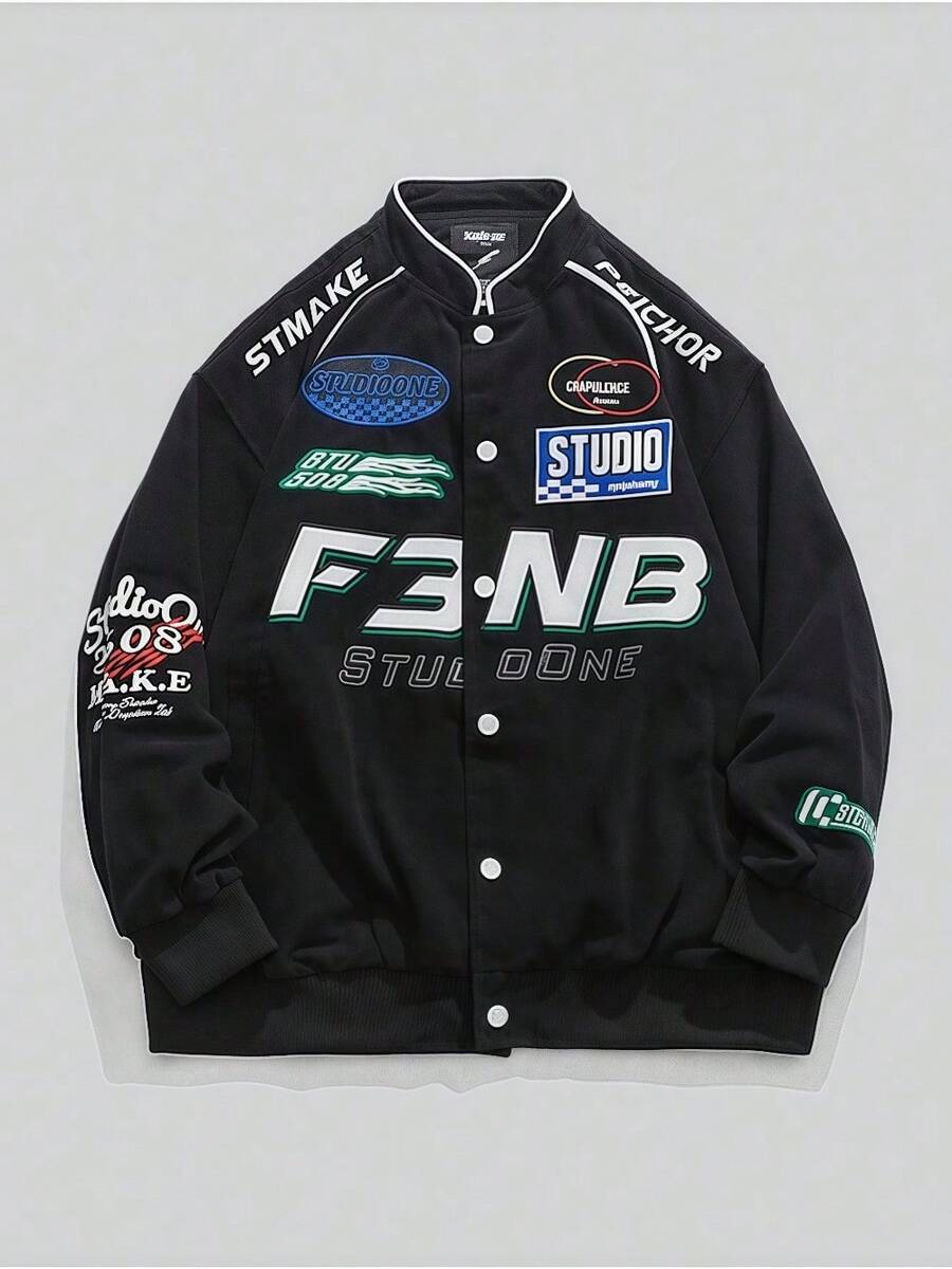 Brand Embroidered Motorcycle Jacket Men's Autumn Couple Bf Style Baseball Jacket Men's Top Guochao Hip-Hop Jacket Men - màu đen - Xem 1