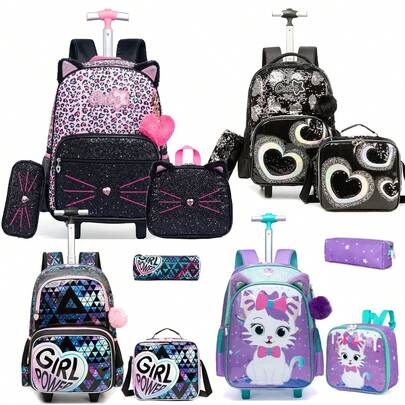 Rucsac cu roți pentru fete, pentru școală, cu 3 buc., set de rucsac pentru copii, cu penar și cutie de prânz, înapoi la școală