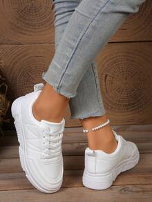 女士白色运动鞋，休闲厚底厚底鞋，防滑增高皮面学生鞋 - 白色 - 查看 5