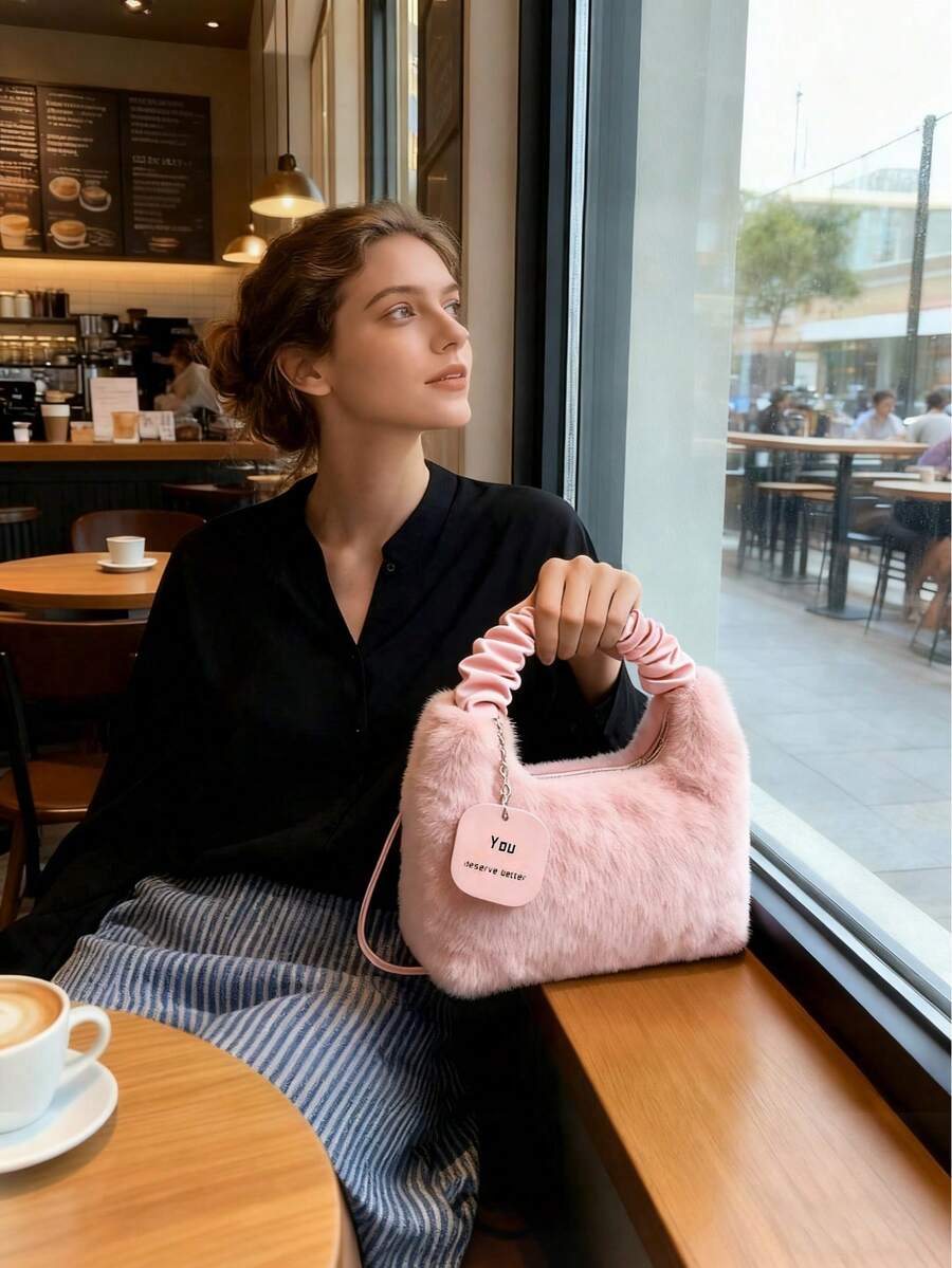 1pc Cute Fluffy Handbag, Casual Versatile Shoulder Crossbody Bag, Lightweight Furry Cloud Bag, Autumn/Winter - Pink - View 1
