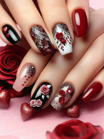 Ponte glamorosa con 24 uñas postizas de forma de ataúd de tamaño mediano. Uñas falsas elegantes y románticas para el Día de San Valentín con diseño de encaje negro, rosas rojas y patrones de corazón. Uñas rojas de alta gama y de moda con elementos florales y de corazón. Kit completo de uñas postizas para mujeres y niñas que incluye 1 hoja de pegatinas adhesivas y 1 tira de gel de mini archivos. Envío aleatorio.